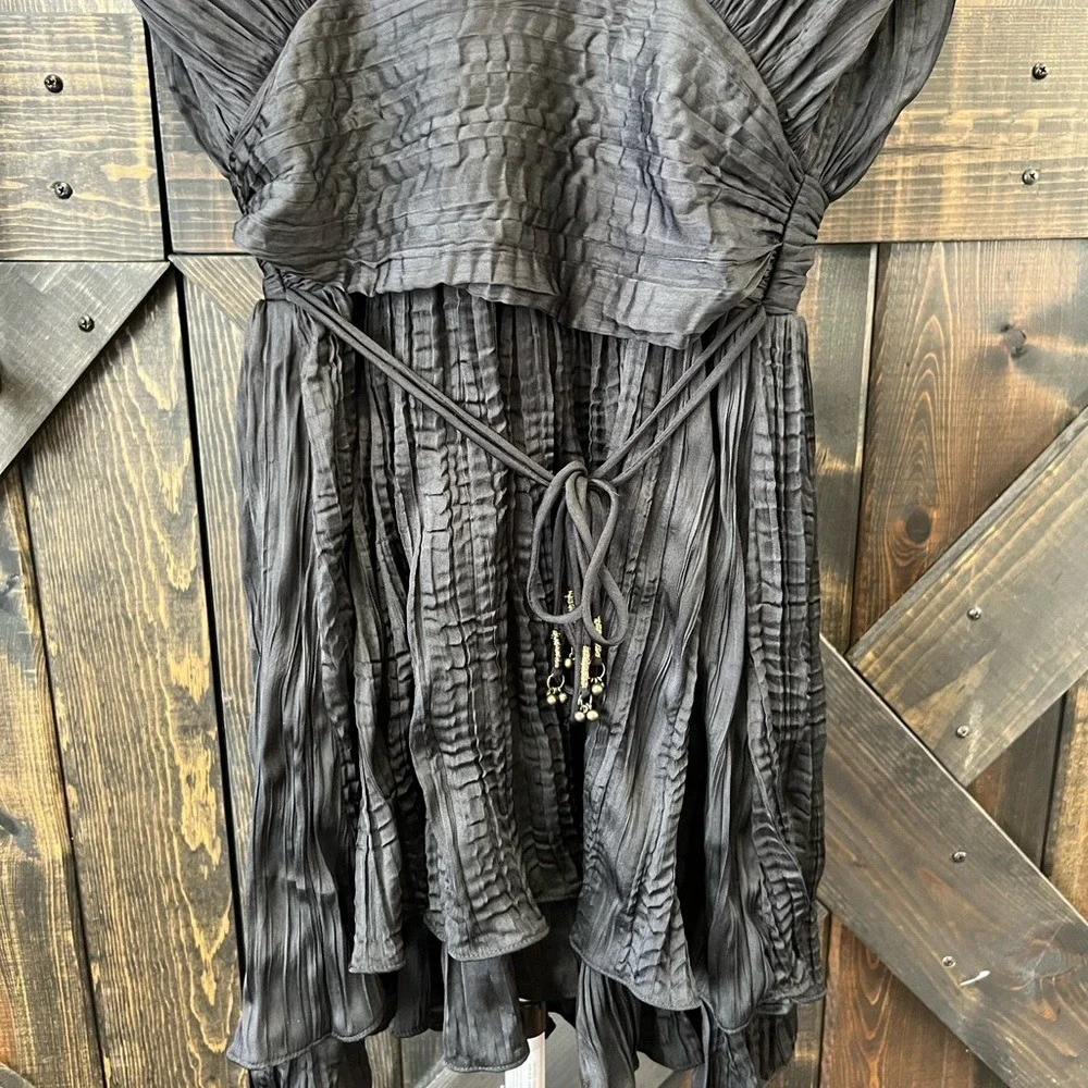 Free People Bonnie‎ Mini Dress Size XS Black Textured Flowy Boho Tie Back
